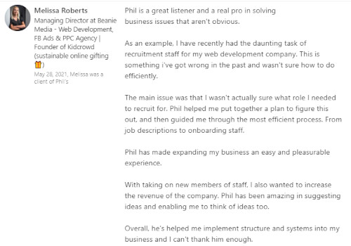 How do I get more client reviews and testimonials?’ Review by Melissa for Phil Fraser.